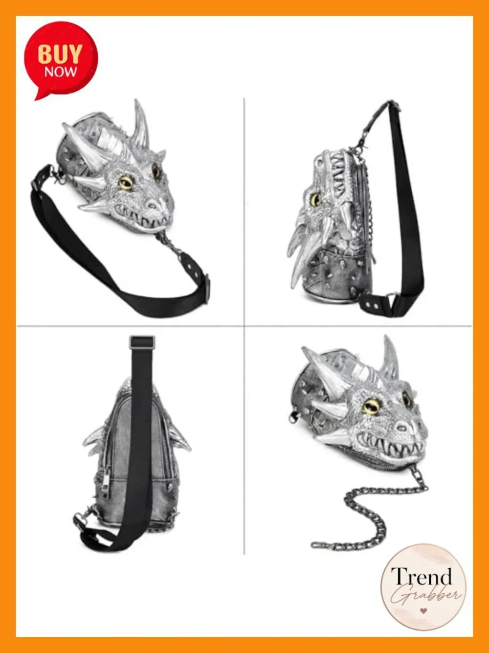 3D Dragon Head Crossbody Bag with Chain, Steampunk Gothic Sling Purse for